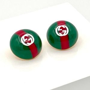 NEW Gucci Vintage Style Web Green & Red Stud Earrings